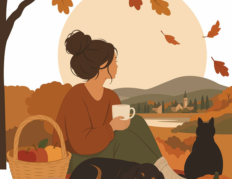 Femme assise sous un chêne en automne, avec un panier de pommes, un chien et un chat.