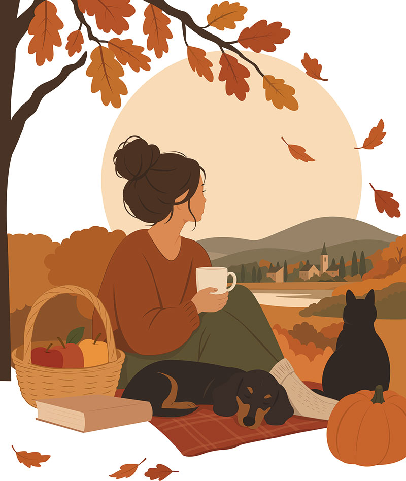 Femme assise sous un chêne en automne, avec un panier de pommes, un chien et un chat.